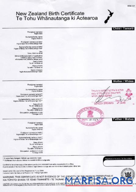 Blank New Zealand Registry office birth certificate template